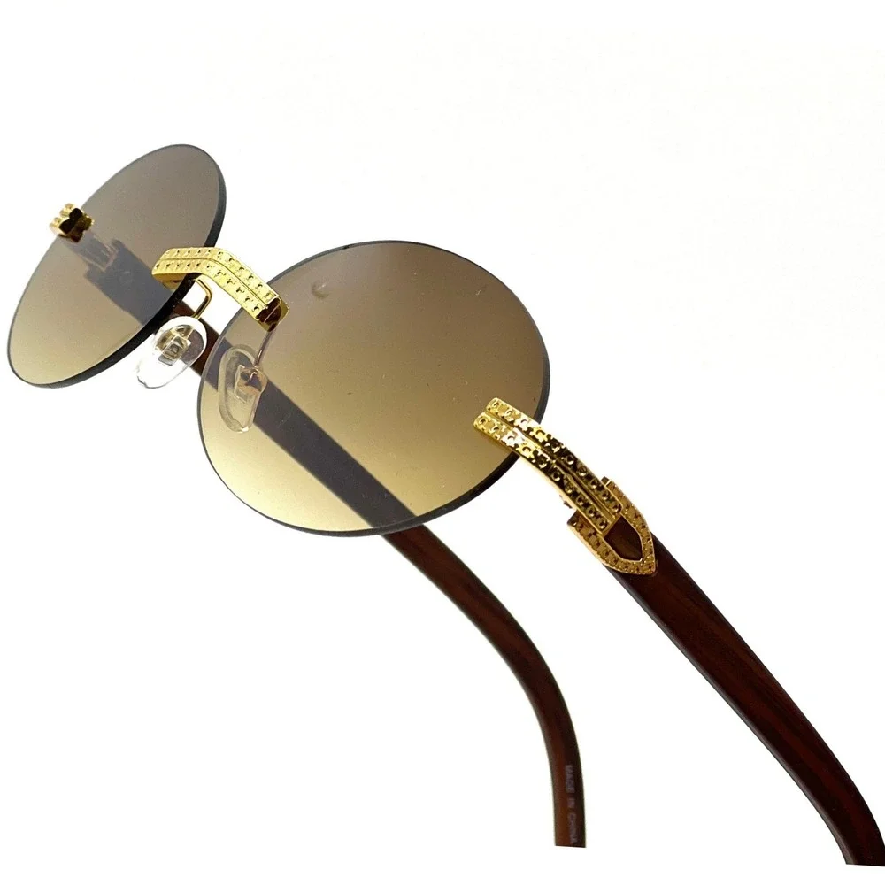 Rimless Sunglasses Men Round Gold Accents Brown Lens Wood Grain Arms Fashion New